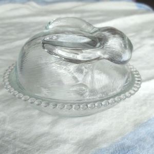Indiana Glass Co Rabbit on a Nest clear glass bowl with lid